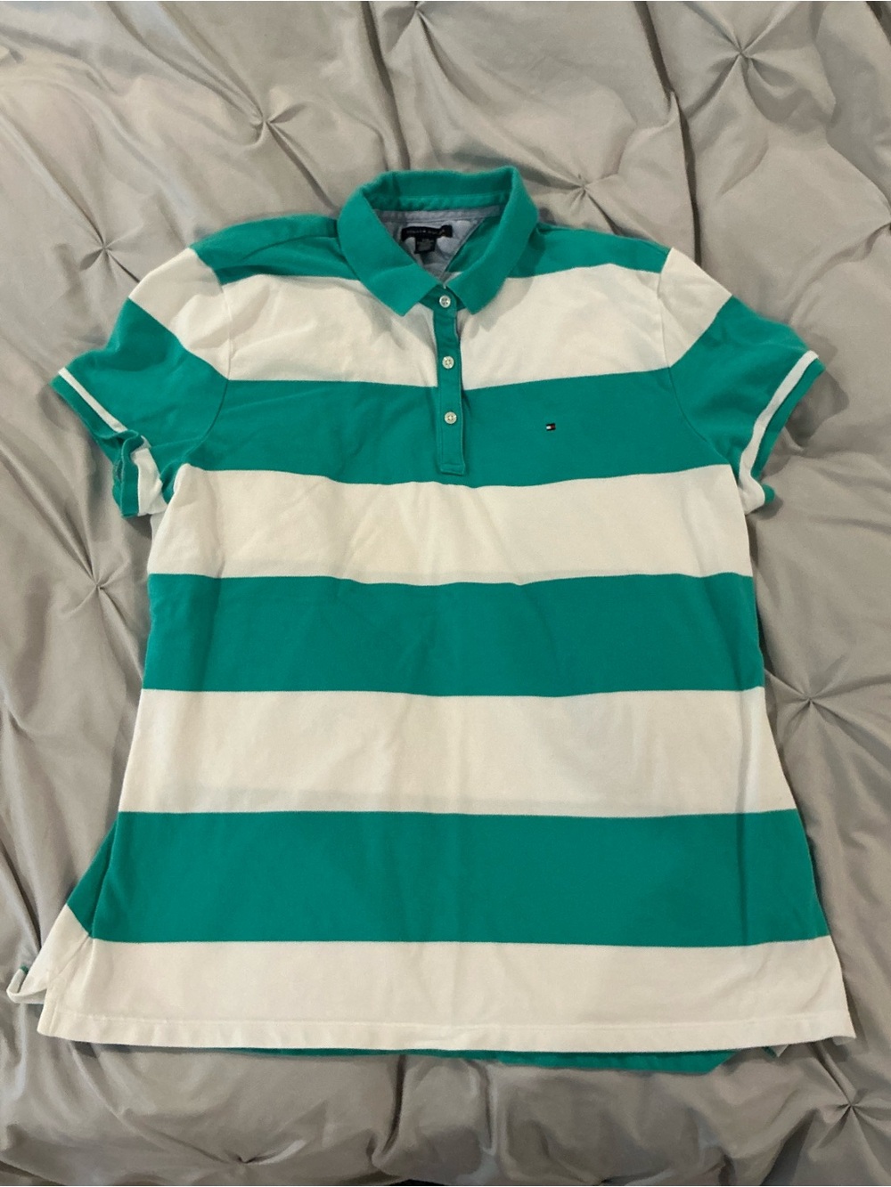 EUC - Women’s Tommy Hilfiger green & white stripes Short Sleeve Polo - Size XXL